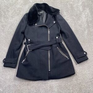 Express Women's Faux Fur Collar Wool Belted Side Zip Up Coat Jacket Size S Black